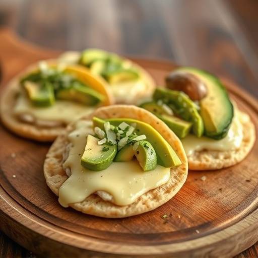 Arepas con queso derretido y aguacate, presentadas en una tabla de madera.