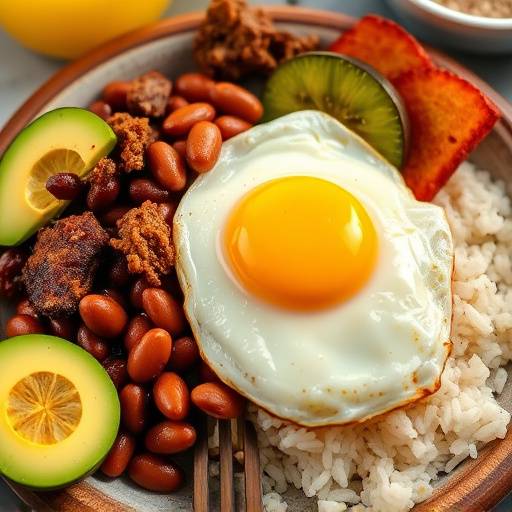 Bandeja Paisa, un plato tradicional colombiano con frijoles, arroz, carne, chicharrón, huevo frito, aguacate y plátano maduro.