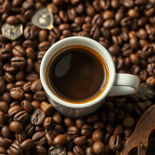 Taza de café con granos de café tostados alrededor