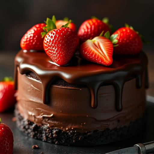 Torta de chocolate hümeda, cubierta con ganache de chocolate y fresas frescas.
