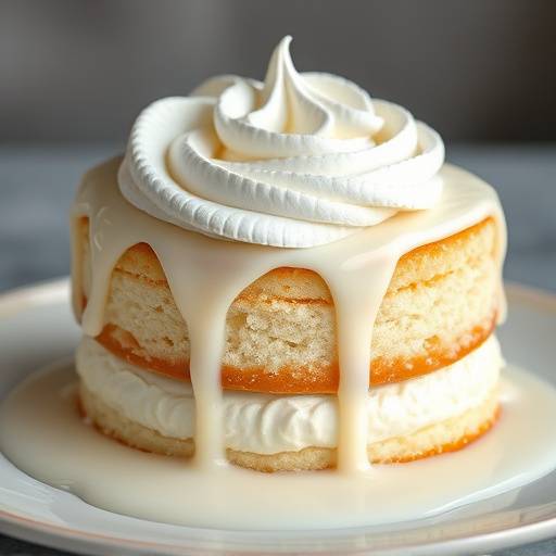Torta Tres Leches, un bizcocho remojado en tres tipos de leche y cubierto con merengue italiano.